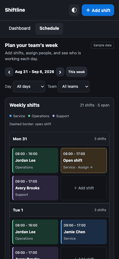 Codex: the top of Schedule in the dark theme at 390px.